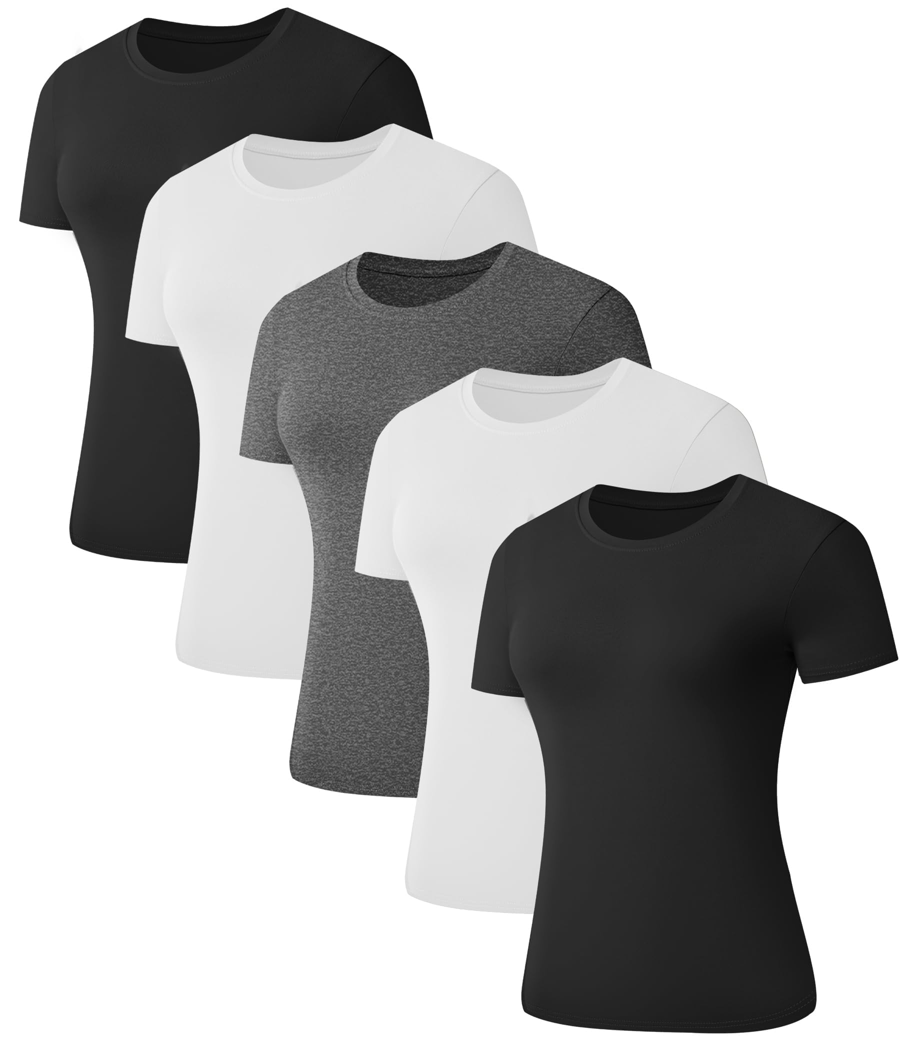 Kinglaman 5 Pack Women's Short Sleeve Basic T Shirts Tees, Slim Fit Crew Neck Tshirt Summer Tops for Casual Workout Trendy