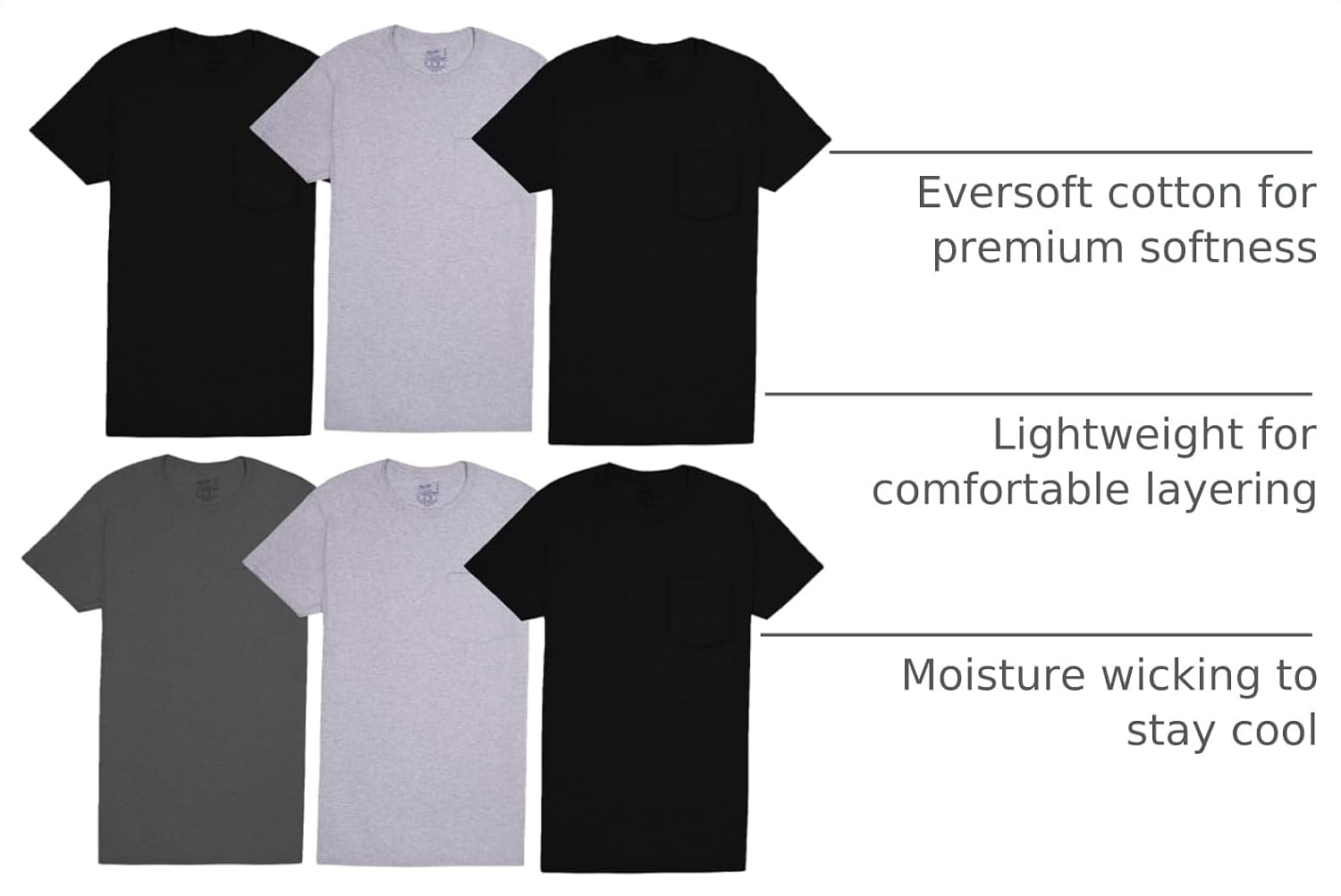 Fruit of The Loom Mens Pocket Tee Undershirts, Moisture Wicking & Tag Free, Short Sleeve Pocket T-Shirts