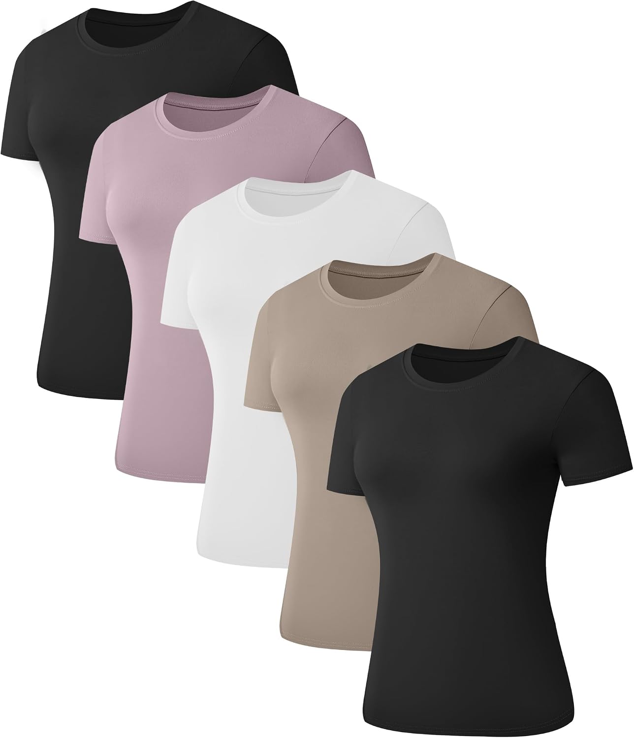 Kinglaman 5 Pack Women's Short Sleeve Basic T Shirts Tees, Slim Fit Crew Neck Tshirt Summer Tops for Casual Workout Trendy