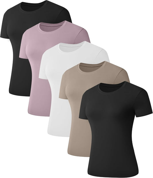 Kinglaman 5 Pack Women's Short Sleeve Basic T Shirts Tees, Slim Fit Crew Neck Tshirt Summer Tops for Casual Workout Trendy