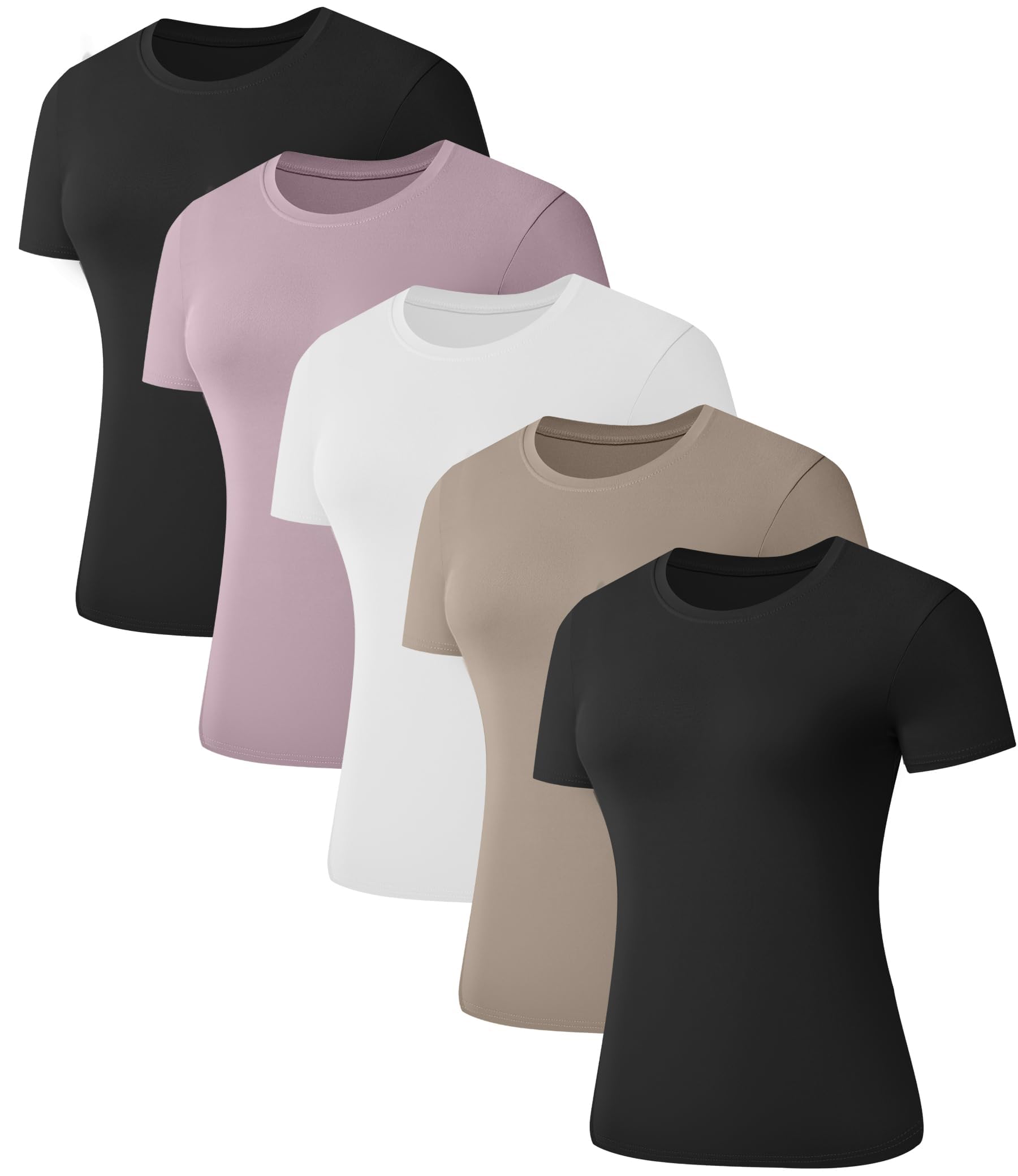 Kinglaman 5 Pack Women's Short Sleeve Basic T Shirts Tees, Slim Fit Crew Neck Tshirt Summer Tops for Casual Workout Trendy