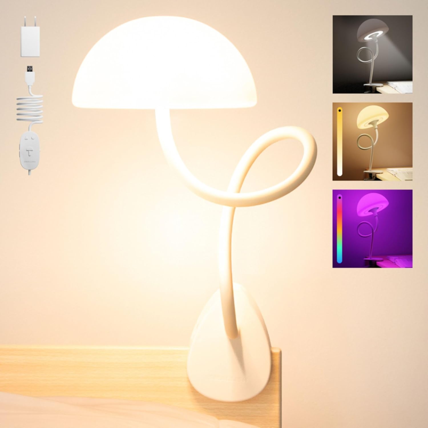Shroommate Dorm Room Essential Clip On Bed Light - Headboard and Bedside Table Lamp, Flexible Reading Lamp, Night Light for Kids Nursery, Clip on for Desk, MultiColor LEDs, Adapter Included (White)
