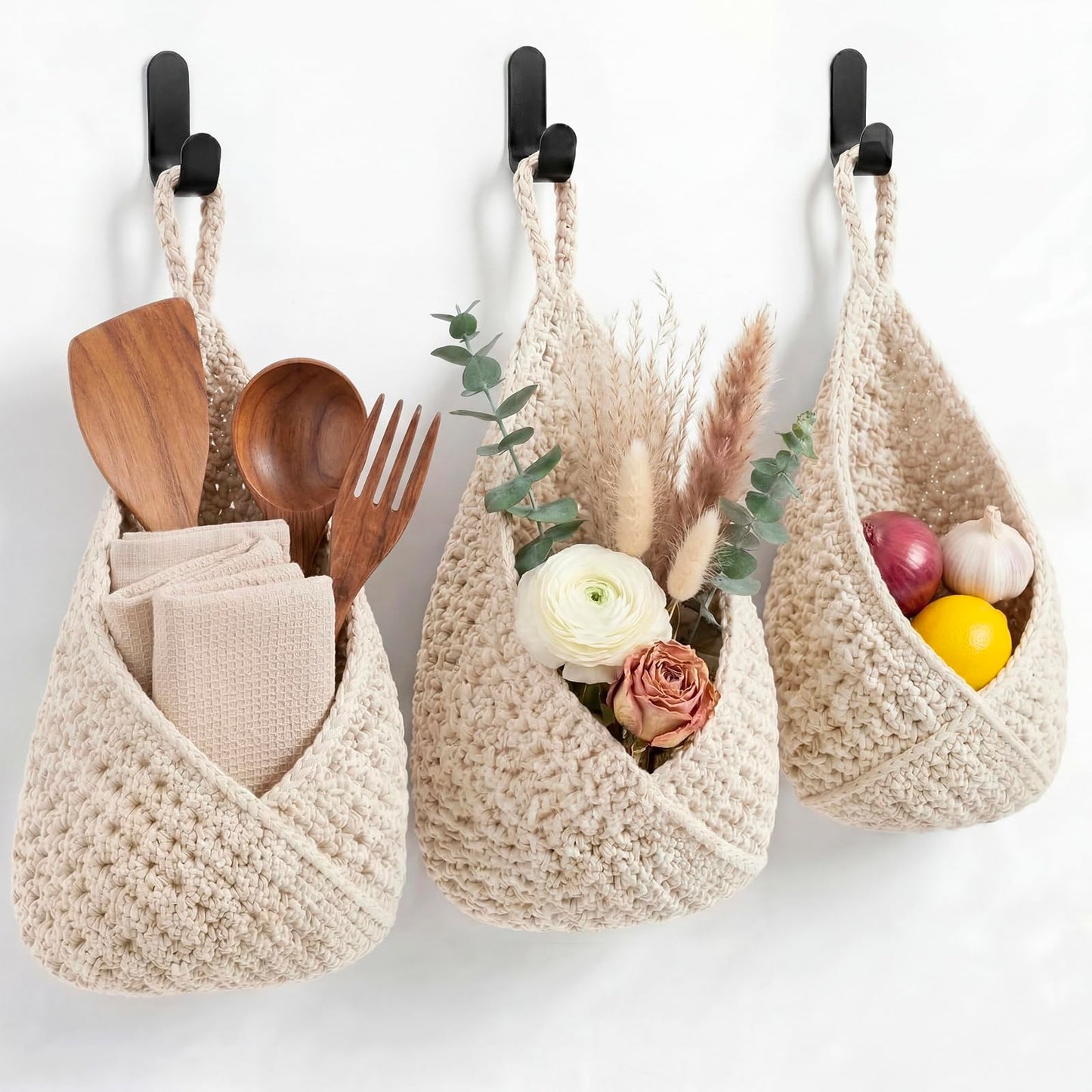 Honeydak Boho Decor Hanging Wall Baskets for Kitchen 3 Pack Teardrop Baskets with Hooks Storage Fruit Onion Vegetable Potato for Home 3 Sizes(Linen,Teardrop,Jute)