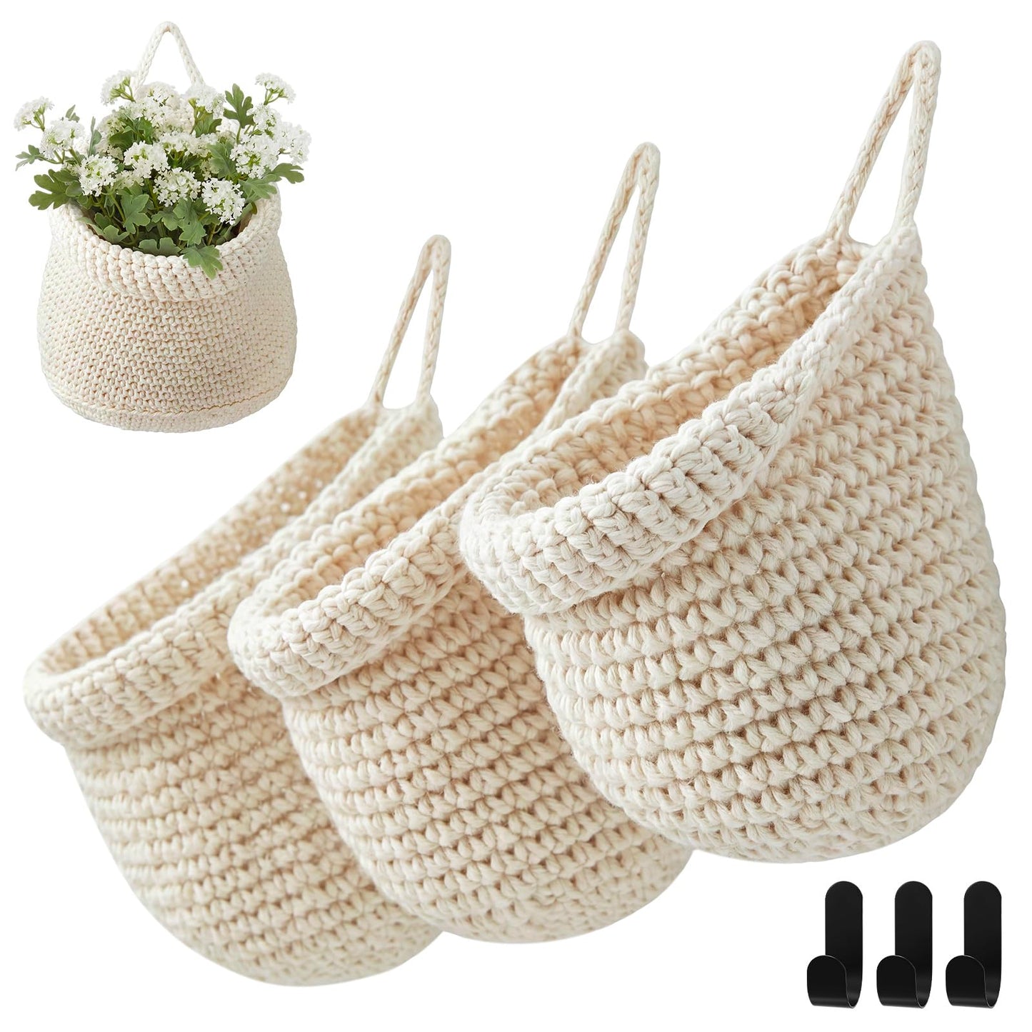 Honeydak Boho Decor Hanging Wall Baskets for Kitchen 3 Pack Teardrop Baskets with Hooks Storage Fruit Onion Vegetable Potato for Home 3 Sizes(Linen,Teardrop,Jute)