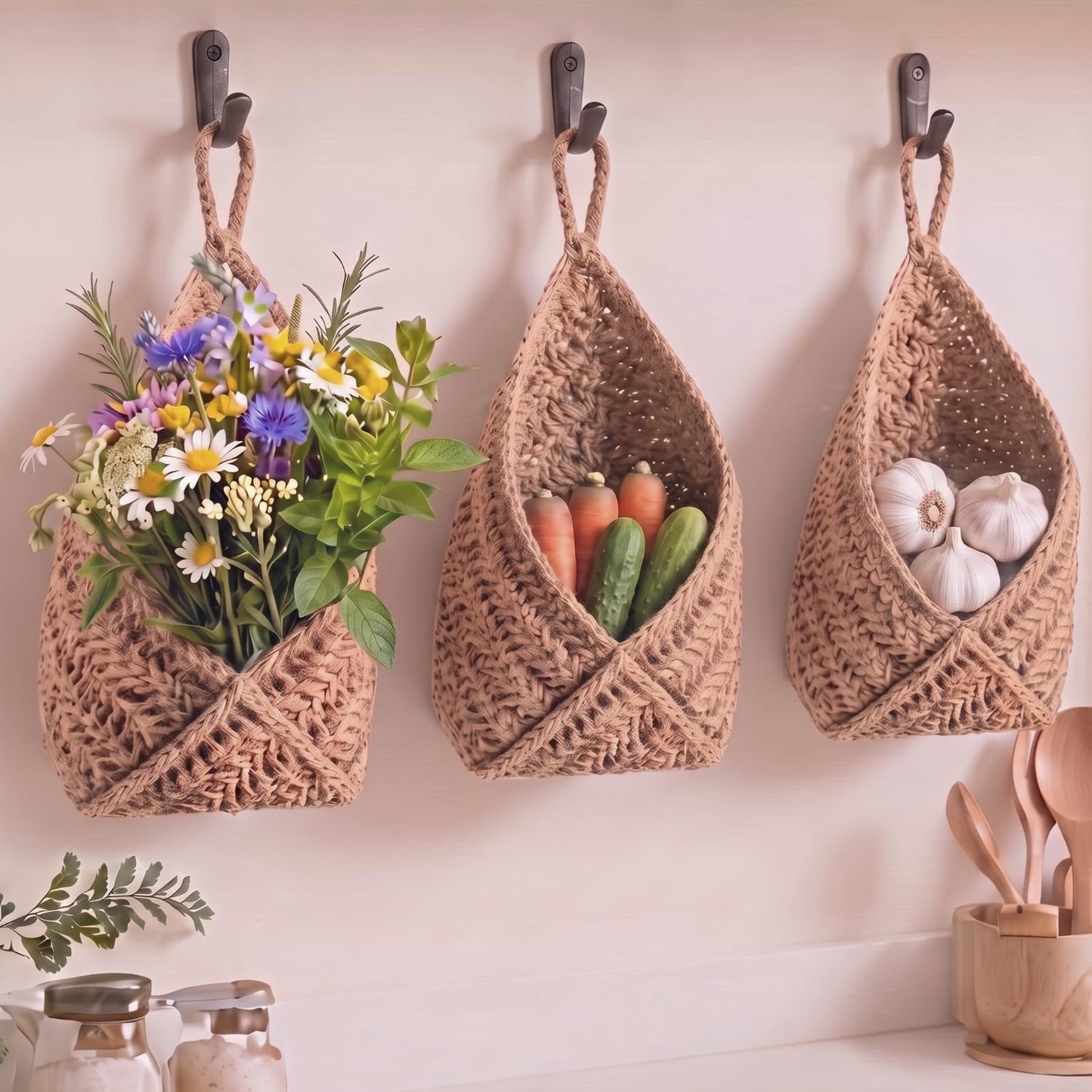 Honeydak Boho Decor Hanging Wall Baskets for Kitchen 3 Pack Teardrop Baskets with Hooks Storage Fruit Onion Vegetable Potato for Home 3 Sizes(Linen,Teardrop,Jute)