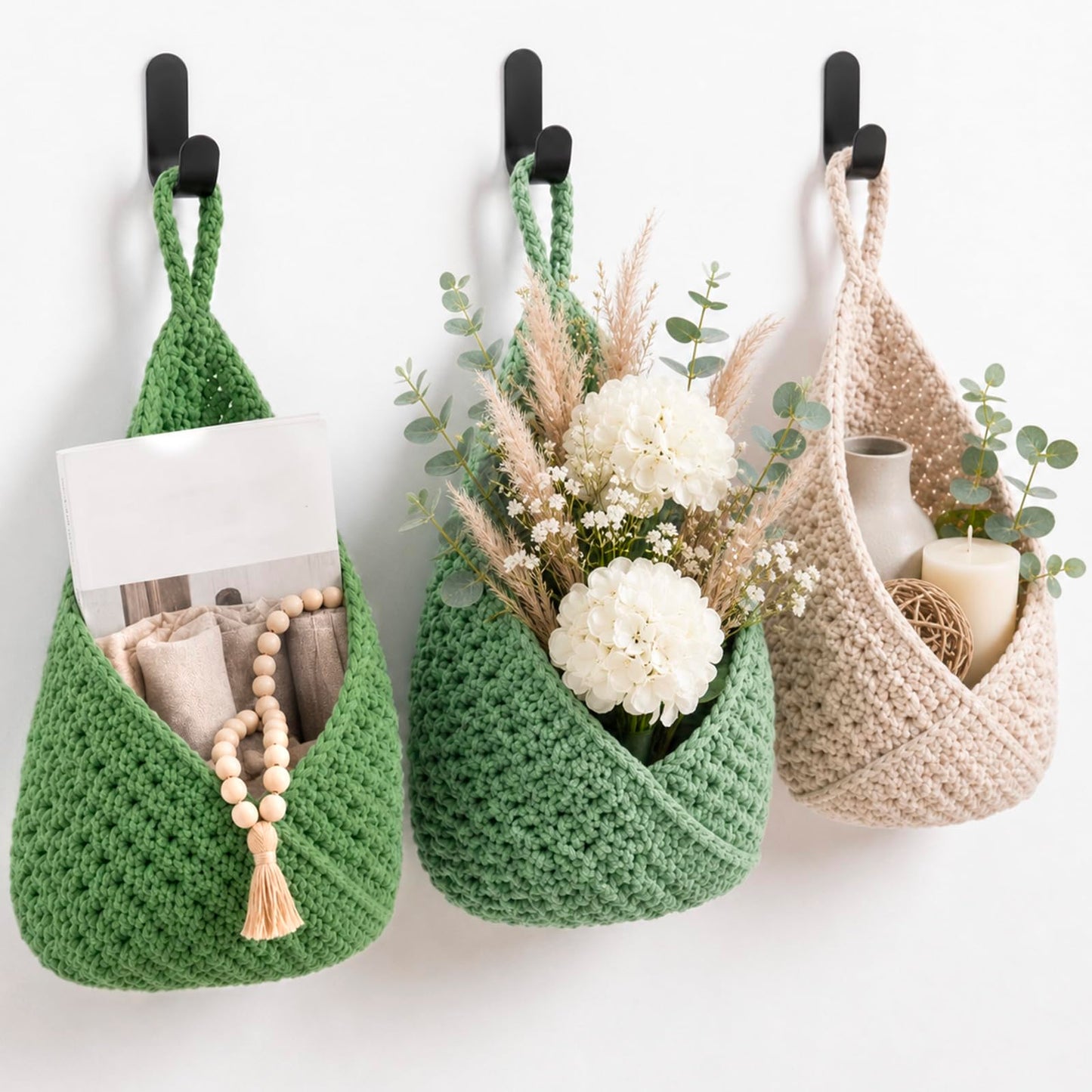 Honeydak Boho Decor Hanging Wall Baskets for Kitchen 3 Pack Teardrop Baskets with Hooks Storage Fruit Onion Vegetable Potato for Home 3 Sizes(Linen,Teardrop,Jute)