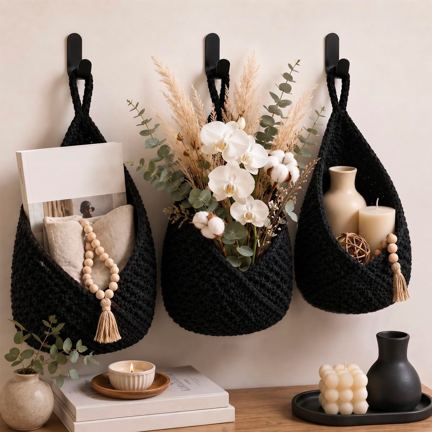 Honeydak Boho Decor Hanging Wall Baskets for Kitchen 3 Pack Teardrop Baskets with Hooks Storage Fruit Onion Vegetable Potato for Home 3 Sizes(Linen,Teardrop,Jute)
