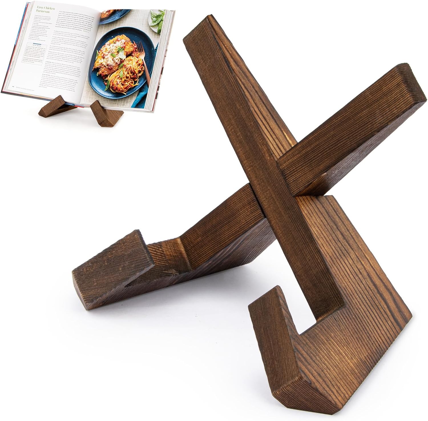 PUERSI Cookbook Stand for Kitchen, Recipe Book Holder for Kitchen Counter, Wooden Cookbook Holder, Rustic Cook Book Holder Stand - Rustic Brown - 1 Set