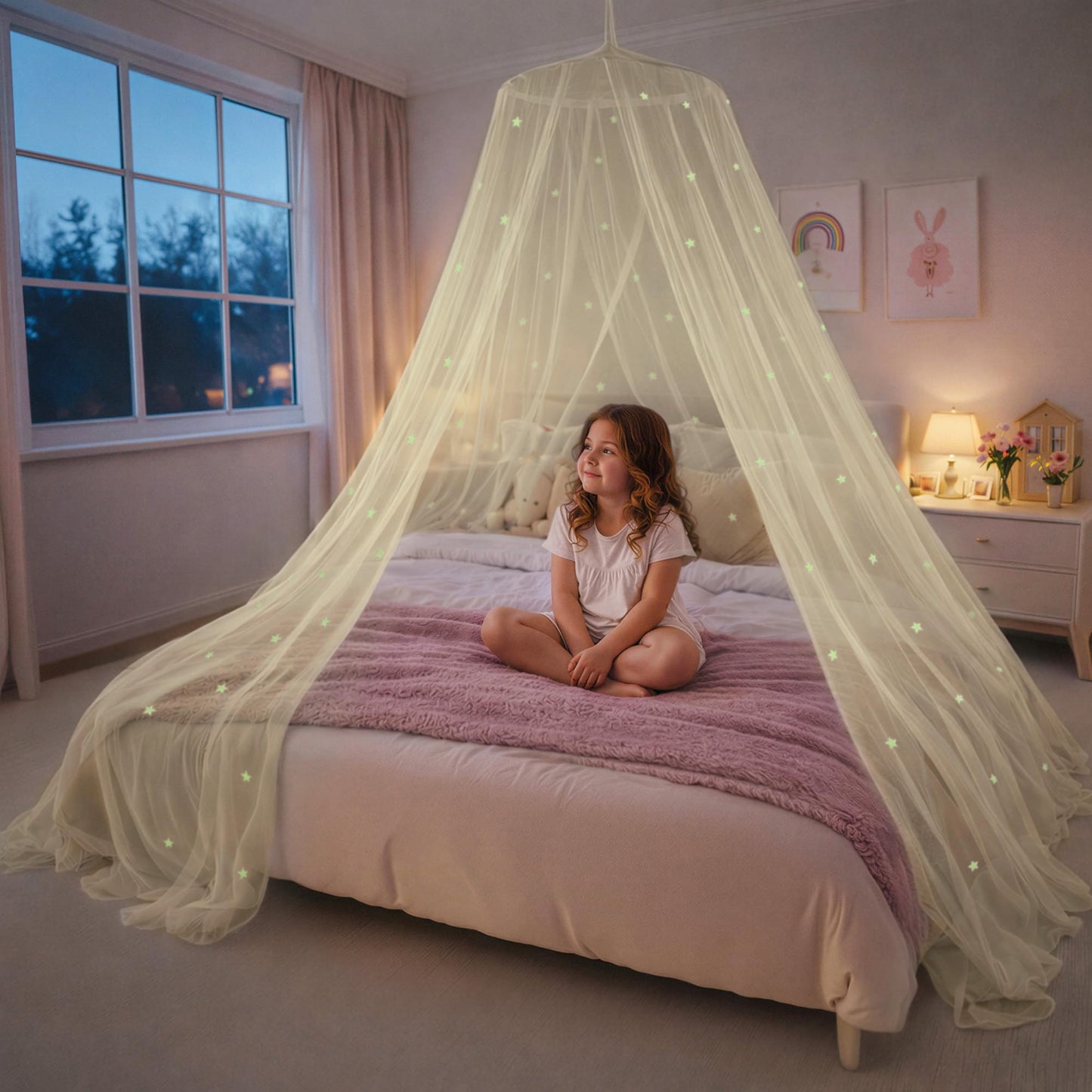 Pink Bed Canopy for Girls with Glowing Stars - Premium Canopy Bed Curtains | Fits Single, Twin, Full, Queen Size Kids Bed, Princess Netting Room Decor, Ceiling Tent to Cover Toddler, Canopy for Bed