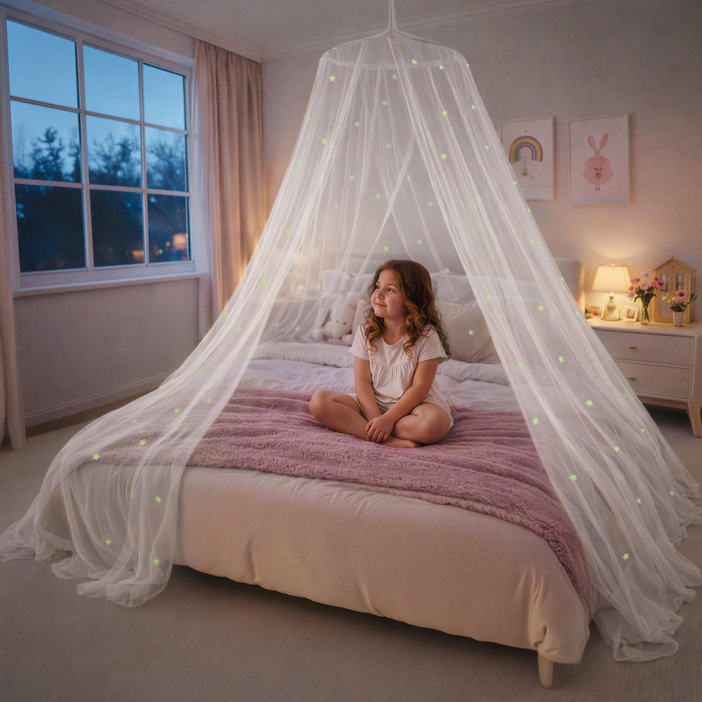 Pink Bed Canopy for Girls with Glowing Stars - Premium Canopy Bed Curtains | Fits Single, Twin, Full, Queen Size Kids Bed, Princess Netting Room Decor, Ceiling Tent to Cover Toddler, Canopy for Bed