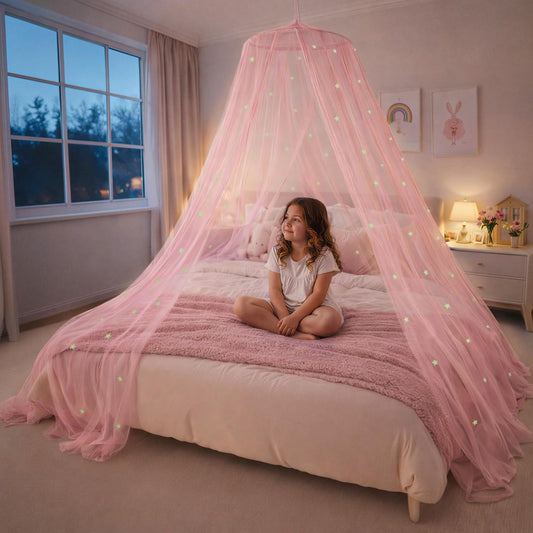 Pink Bed Canopy for Girls with Glowing Stars - Premium Canopy Bed Curtains | Fits Single, Twin, Full, Queen Size Kids Bed, Princess Netting Room Decor, Ceiling Tent to Cover Toddler, Canopy for Bed