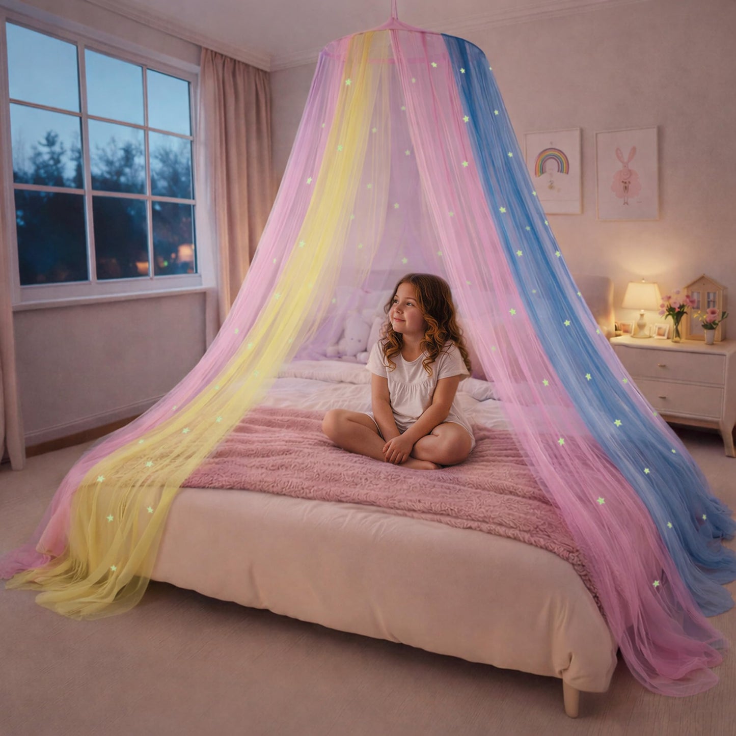 Pink Bed Canopy for Girls with Glowing Stars - Premium Canopy Bed Curtains | Fits Single, Twin, Full, Queen Size Kids Bed, Princess Netting Room Decor, Ceiling Tent to Cover Toddler, Canopy for Bed