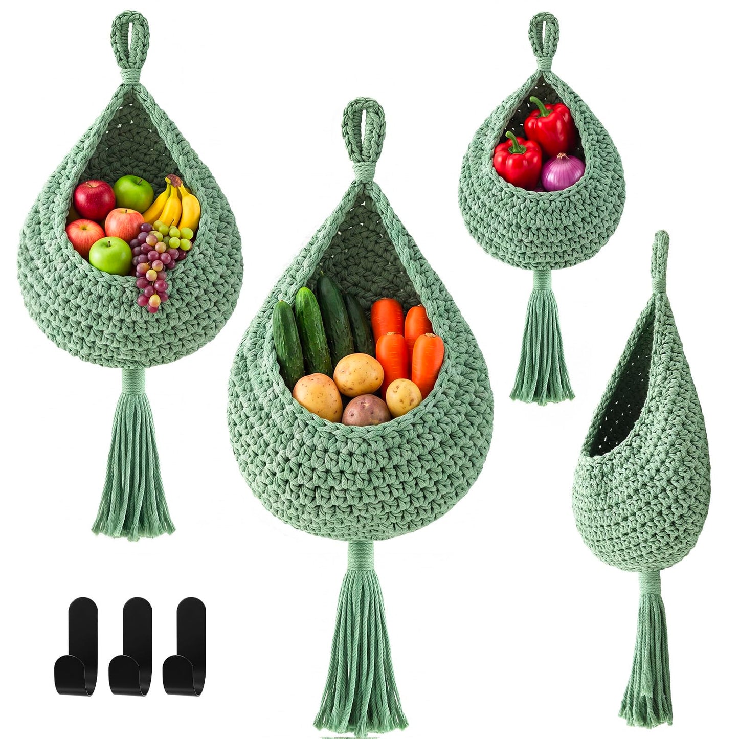 Honeydak Boho Decor Hanging Wall Baskets for Kitchen 3 Pack Teardrop Baskets with Hooks Storage Fruit Onion Vegetable Potato for Home 3 Sizes(Linen,Teardrop,Jute)