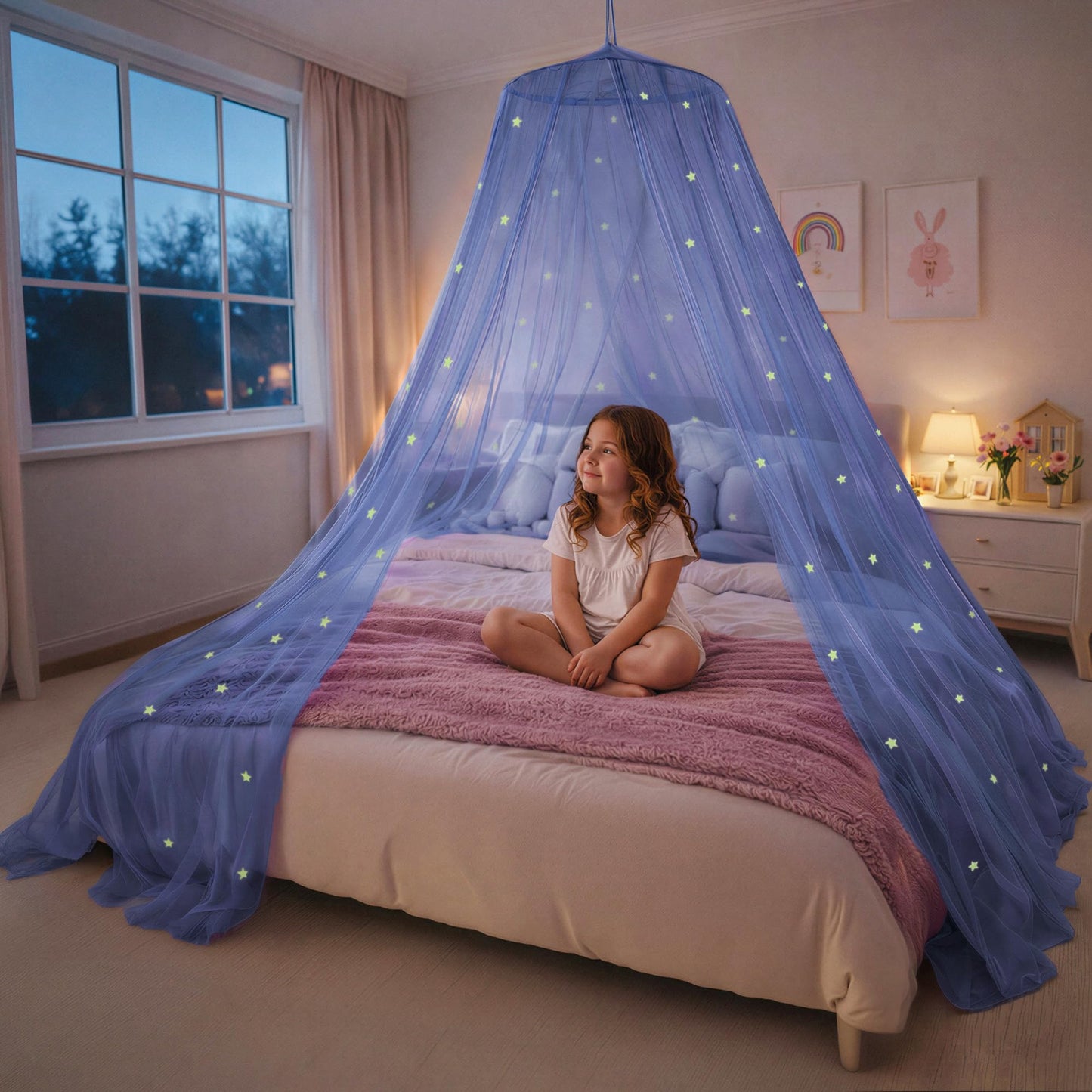Pink Bed Canopy for Girls with Glowing Stars - Premium Canopy Bed Curtains | Fits Single, Twin, Full, Queen Size Kids Bed, Princess Netting Room Decor, Ceiling Tent to Cover Toddler, Canopy for Bed