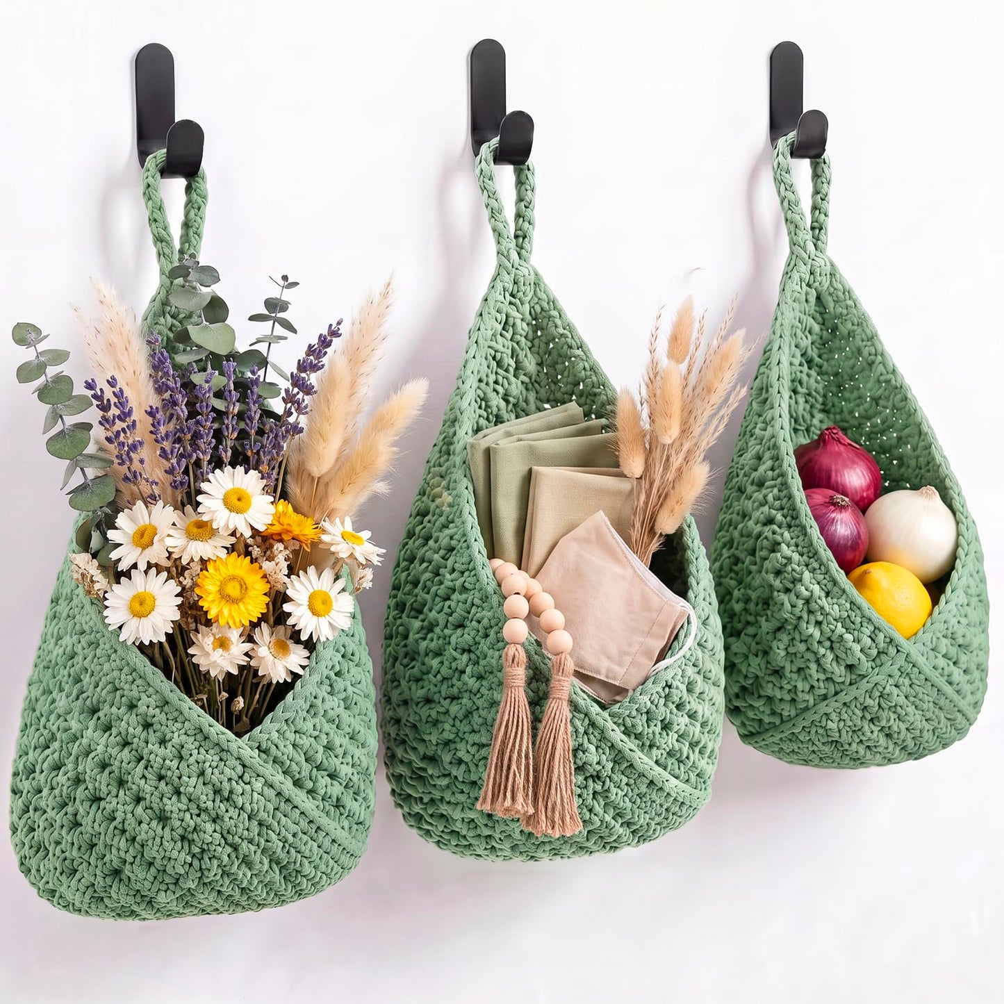 Honeydak Boho Decor Hanging Wall Baskets for Kitchen 3 Pack Teardrop Baskets with Hooks Storage Fruit Onion Vegetable Potato for Home 3 Sizes(Linen,Teardrop,Jute)