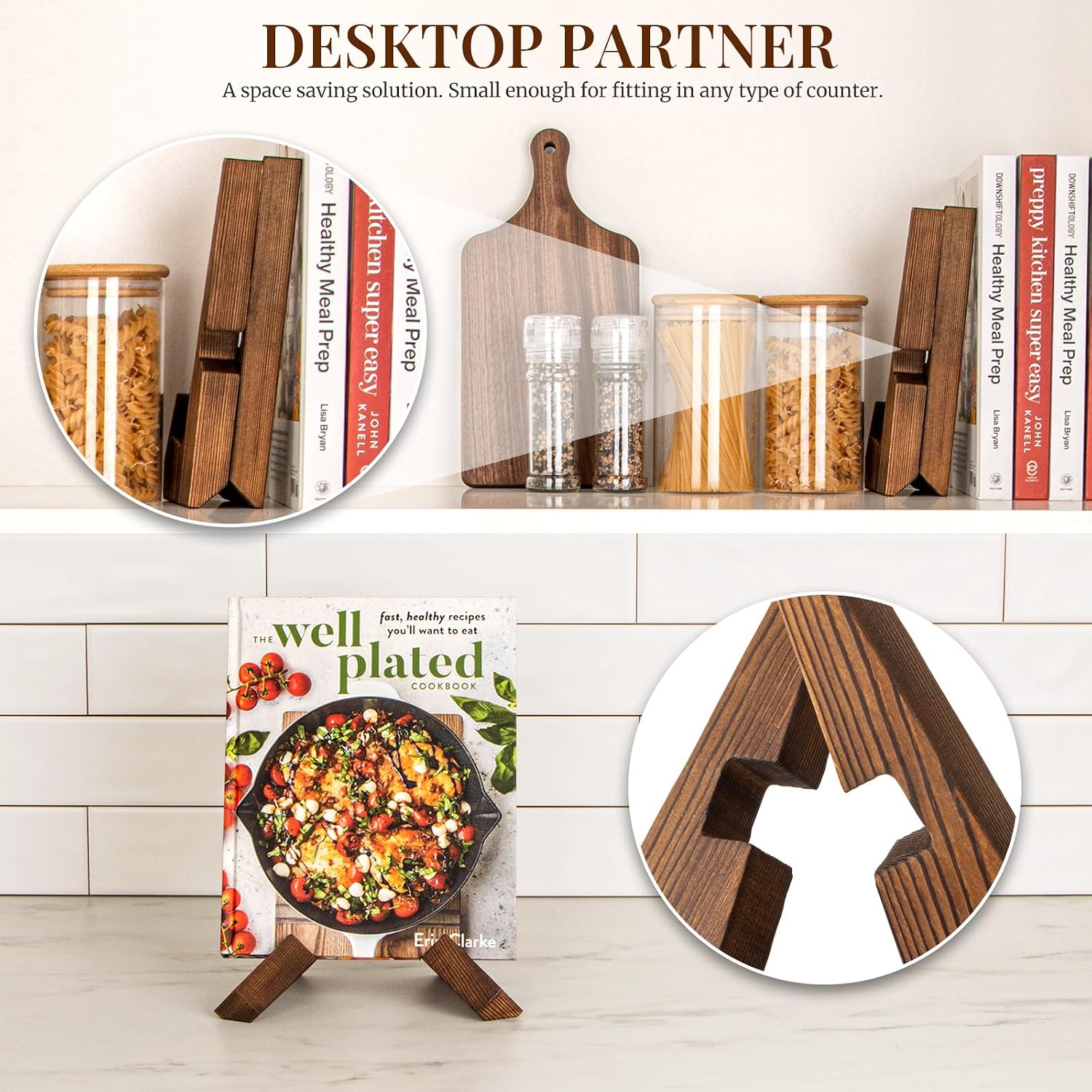 PUERSI Cookbook Stand for Kitchen, Recipe Book Holder for Kitchen Counter, Wooden Cookbook Holder, Rustic Cook Book Holder Stand - Rustic Brown - 1 Set
