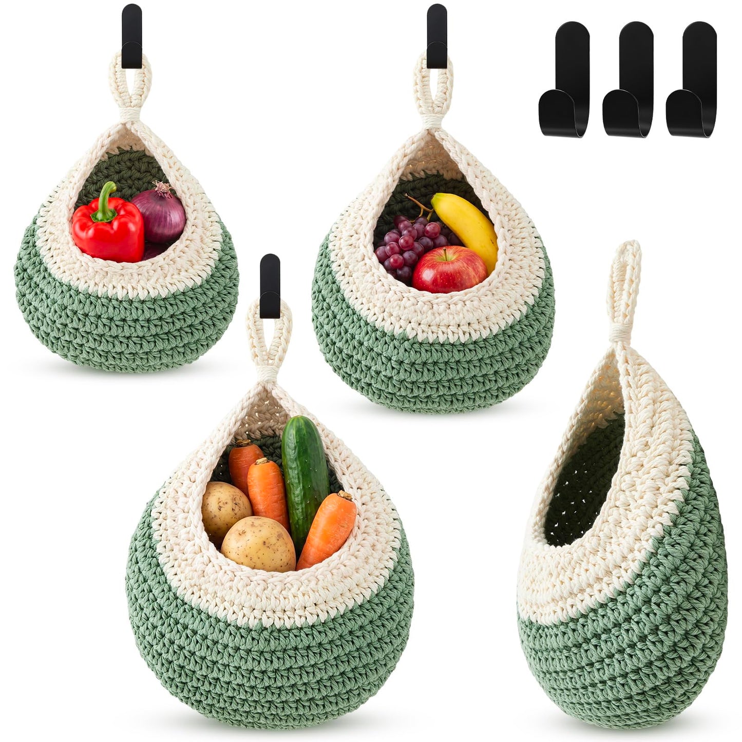Honeydak Boho Decor Hanging Wall Baskets for Kitchen 3 Pack Teardrop Baskets with Hooks Storage Fruit Onion Vegetable Potato for Home 3 Sizes(Linen,Teardrop,Jute)