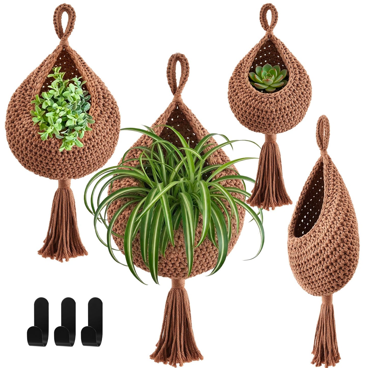 Honeydak Boho Decor Hanging Wall Baskets for Kitchen 3 Pack Teardrop Baskets with Hooks Storage Fruit Onion Vegetable Potato for Home 3 Sizes(Linen,Teardrop,Jute)
