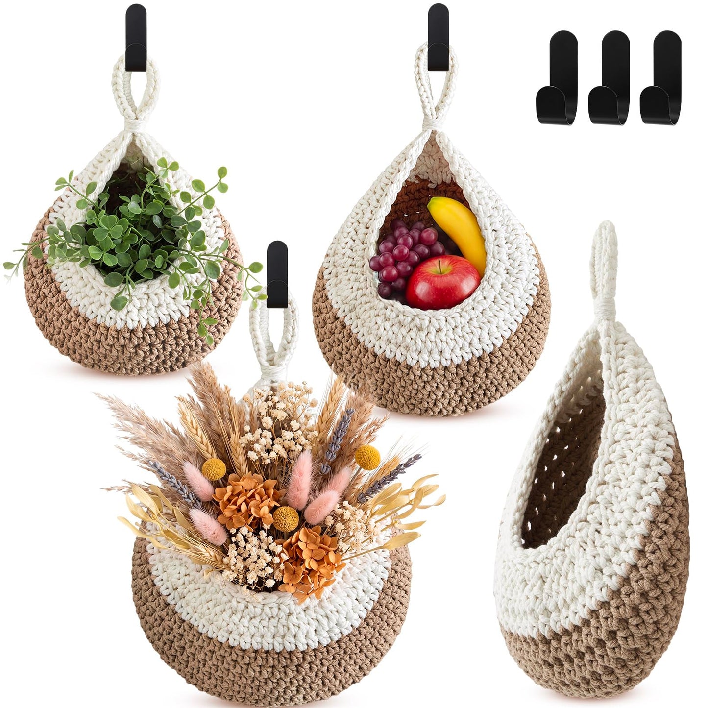 Honeydak Boho Decor Hanging Wall Baskets for Kitchen 3 Pack Teardrop Baskets with Hooks Storage Fruit Onion Vegetable Potato for Home 3 Sizes(Linen,Teardrop,Jute)