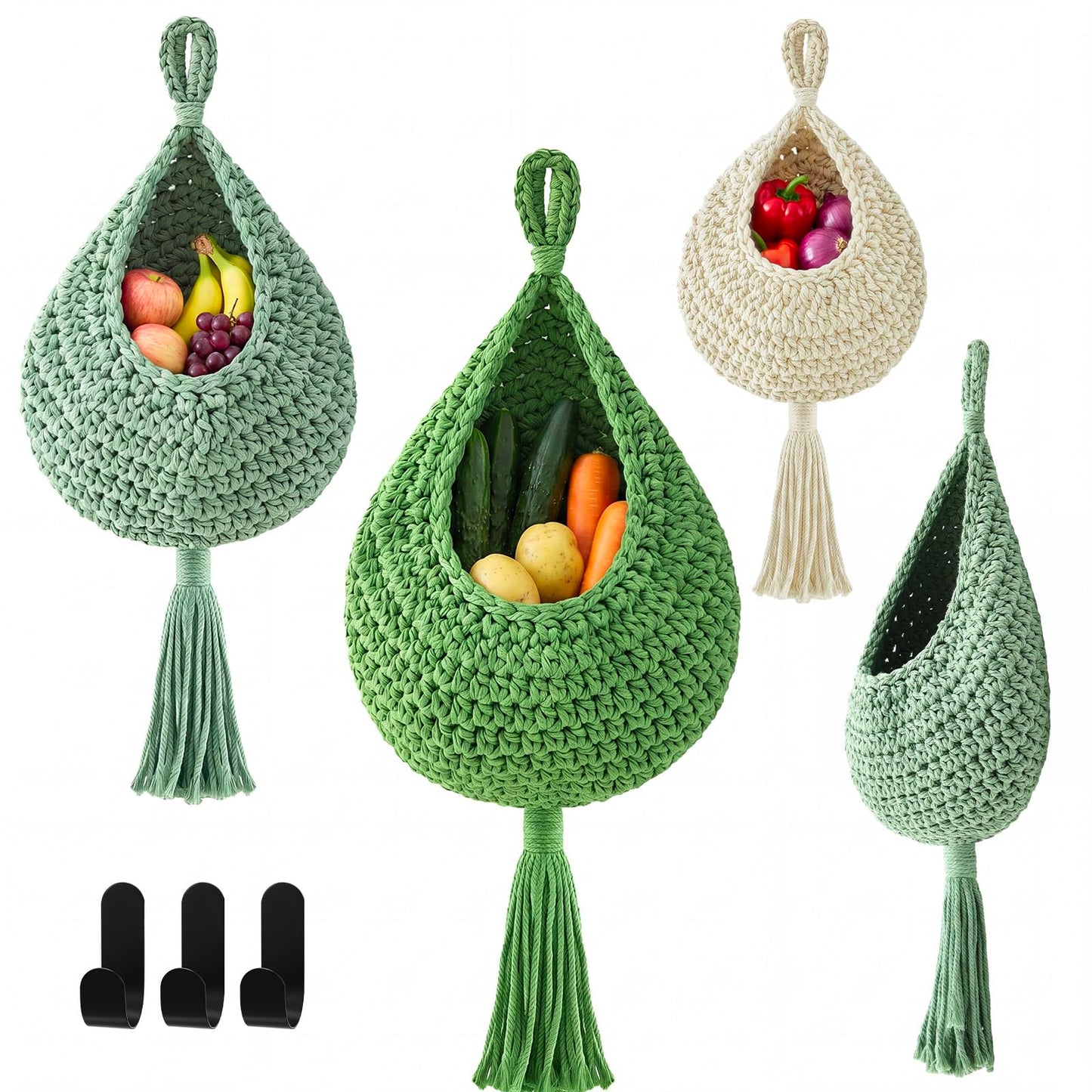 Honeydak Boho Decor Hanging Wall Baskets for Kitchen 3 Pack Teardrop Baskets with Hooks Storage Fruit Onion Vegetable Potato for Home 3 Sizes(Linen,Teardrop,Jute)