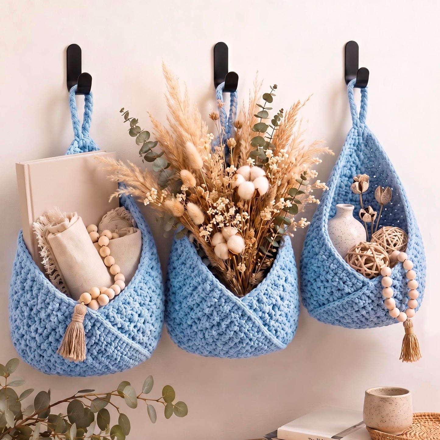 Honeydak Boho Decor Hanging Wall Baskets for Kitchen 3 Pack Teardrop Baskets with Hooks Storage Fruit Onion Vegetable Potato for Home 3 Sizes(Linen,Teardrop,Jute)