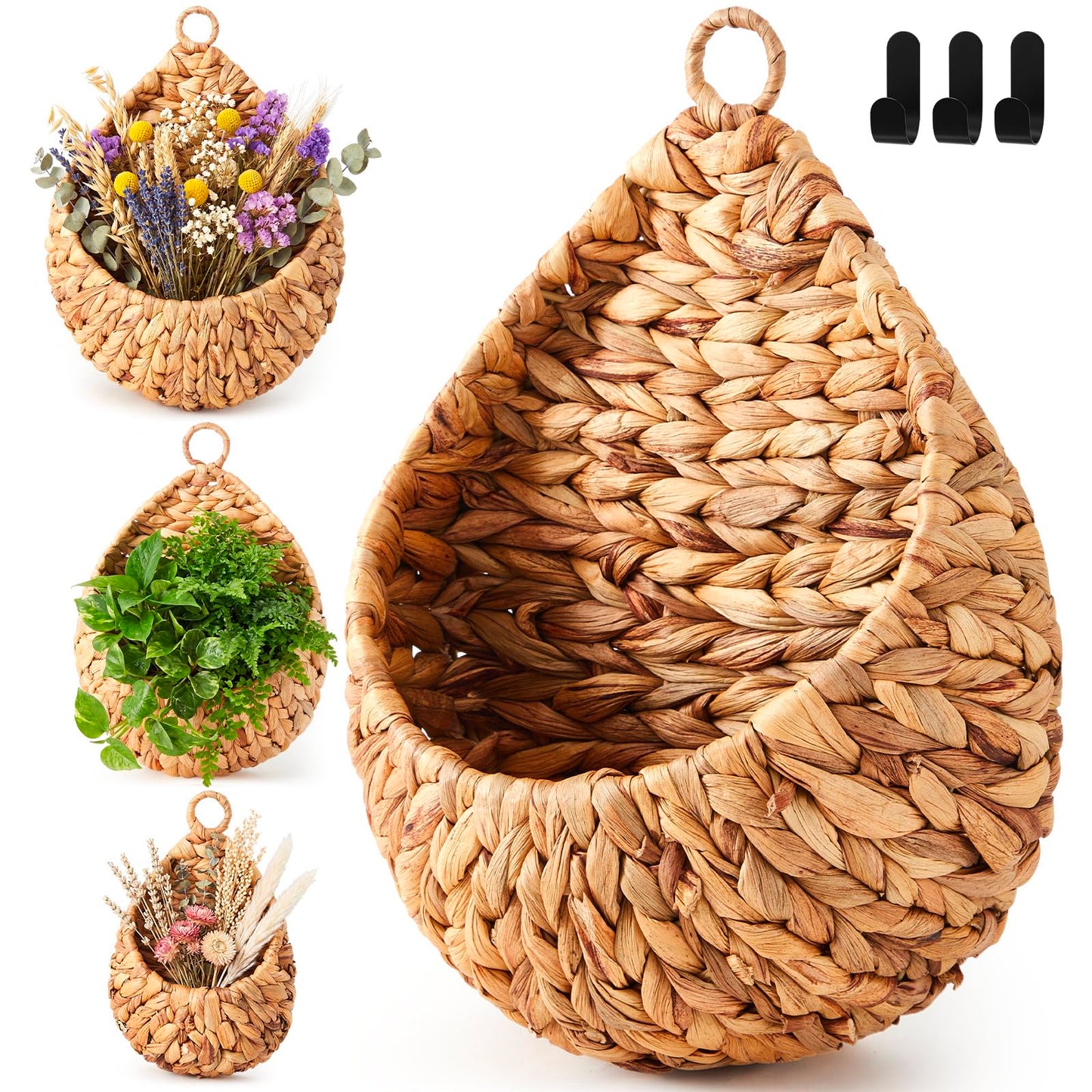 Honeydak Boho Decor Hanging Wall Baskets for Kitchen 3 Pack Teardrop Baskets with Hooks Storage Fruit Onion Vegetable Potato for Home 3 Sizes(Linen,Teardrop,Jute)